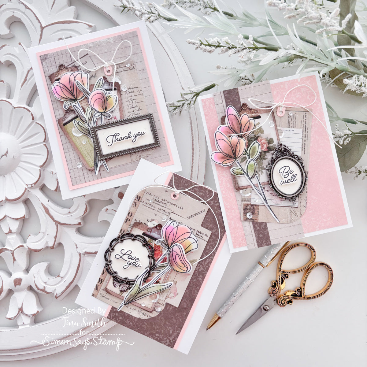 Simon Says Stamps Dies and Stencil Long Stem Florals set1218ls Shabby Collage Card Set Tina Smith | color-code:ALT08