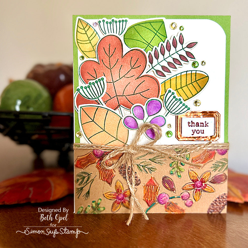 Simon Says Stamps Dies and Stencil Two-Step Simple Leaves set883ts Thanks Card Beth Opel Embossed Bottom Section