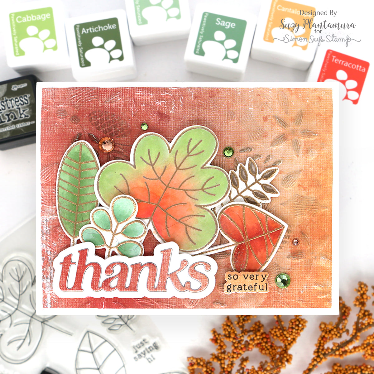 Simon Says Stamps Dies and Stencil Two-Step Simple Leaves set883ts Thanks Card | color-code:ALT05 Suzy Plantamura So Very Grateful