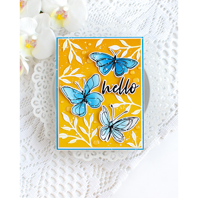 Simon Says Stamps Dies and Stencils Artsy Butterflies set1215sb Heather Hoffman Blue and Yellow Hello Card | color-code:ALT06