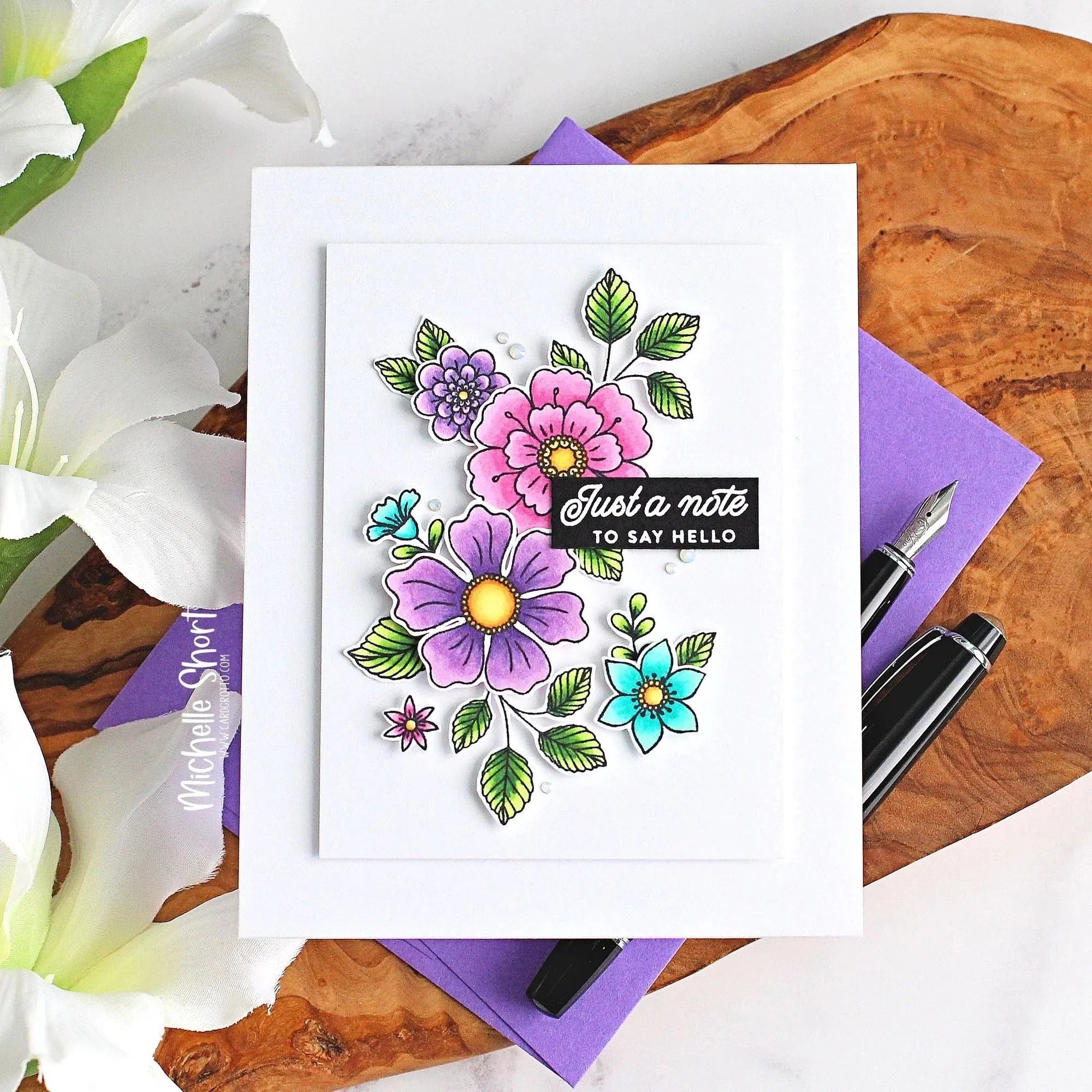 Simon Says Stamps Dies and Stencils Beautiful Blooms set8784bb Sweet Wishes Hello Card Michelle Short Just a Note