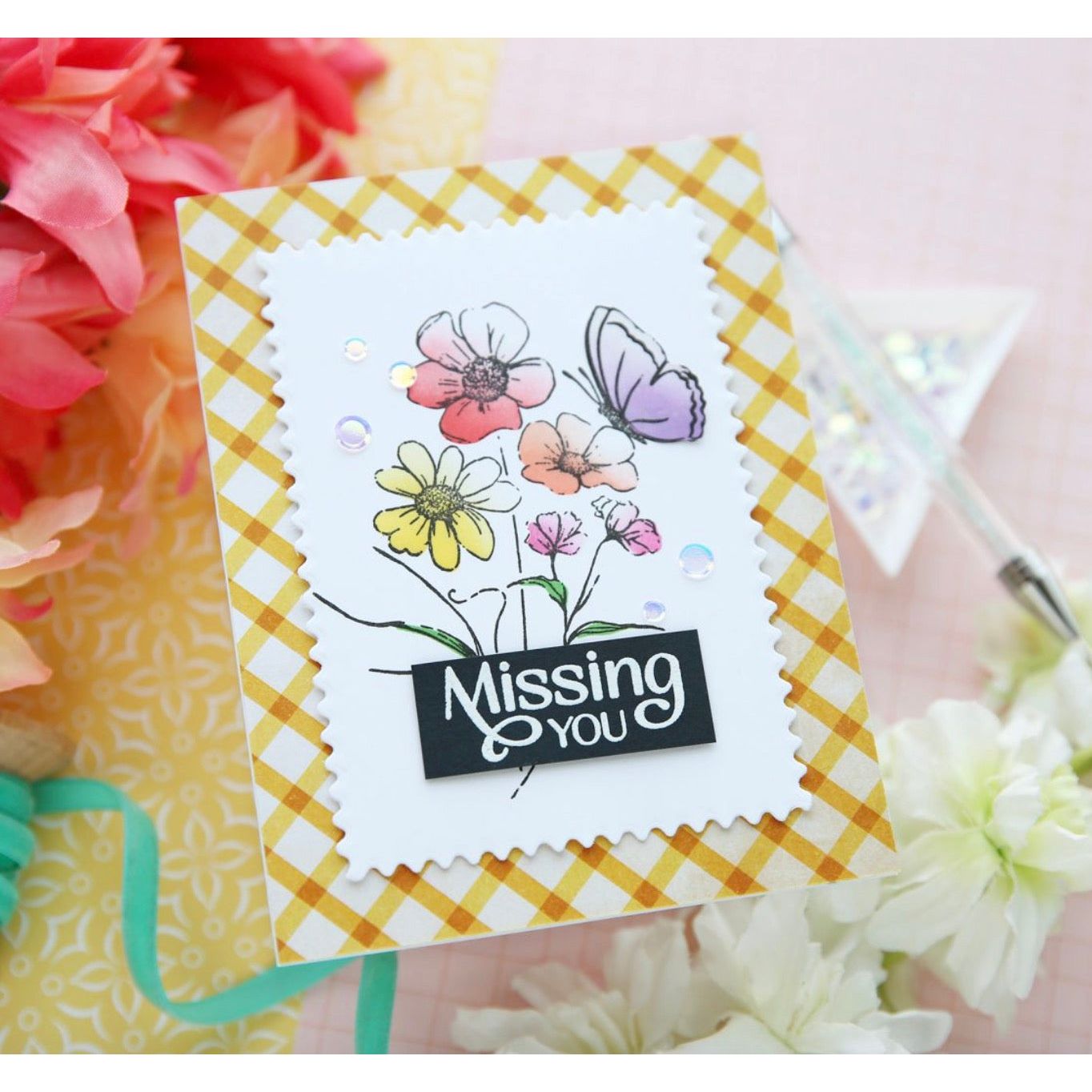 Simon Says Stamps Dies and Stencils Butterfly Blossoms set942bb Rain or Shine Miss You Card Laura Bassen | color-code:ALT07