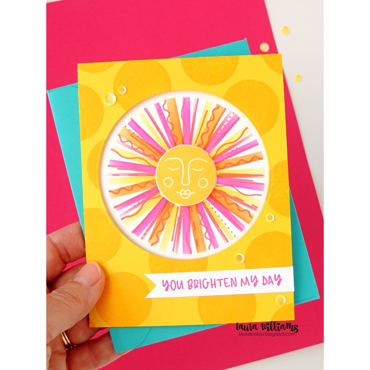 Simon Says Stamps Dies and Stencils Sunburst set1262sb Shine On Brighten My Day Card Laura Williams