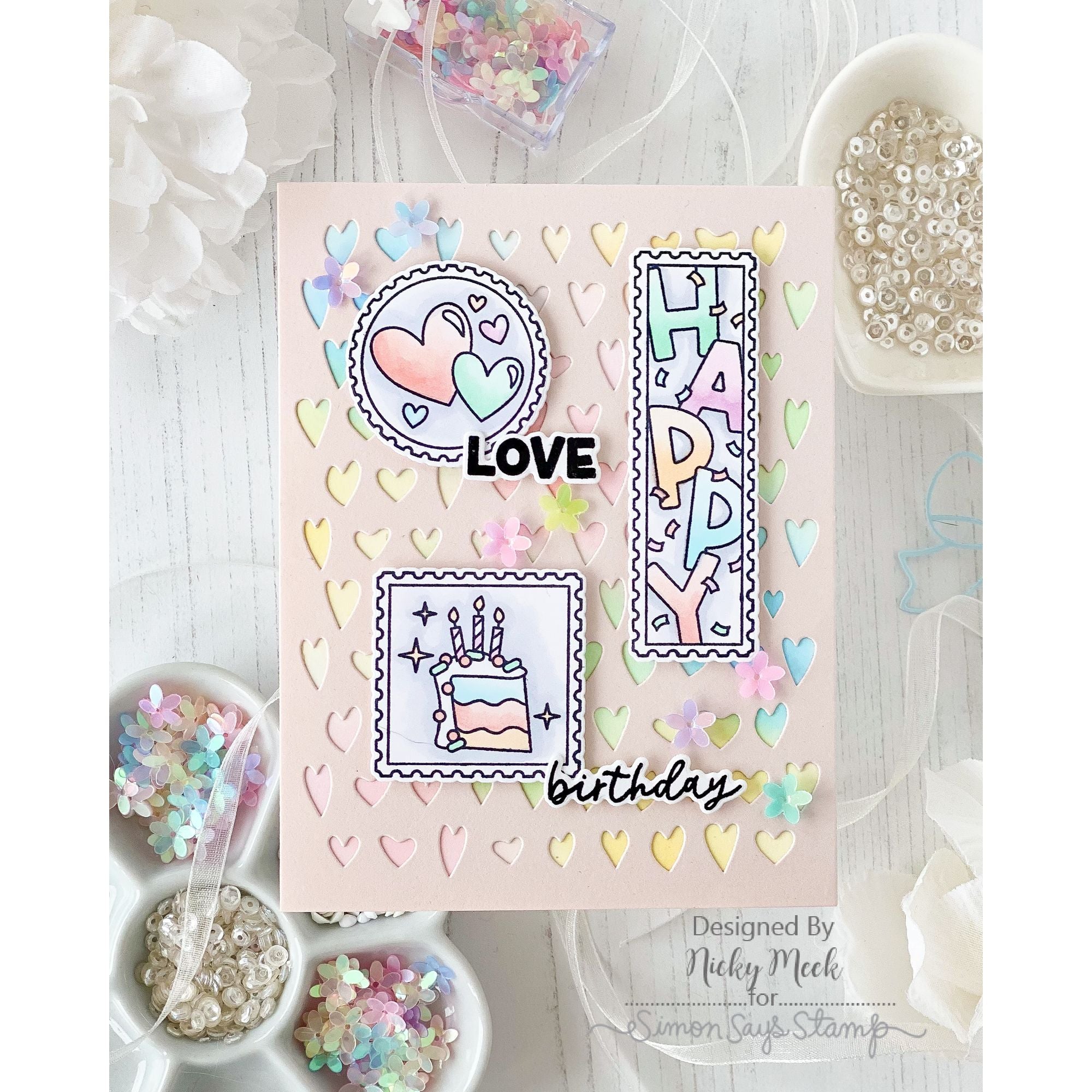 Simon Says Stamps and Dies Birthday Love set957bl Pastel Birthday Card Nicky Meek