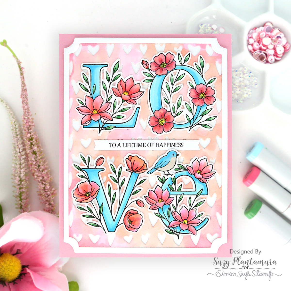 Simon Says Stamps and Dies Floral Word Builder Bundle set1239fw Always There Pink and Blue Cute Wedding Card Suzy Plantamura | color-code:ALT02