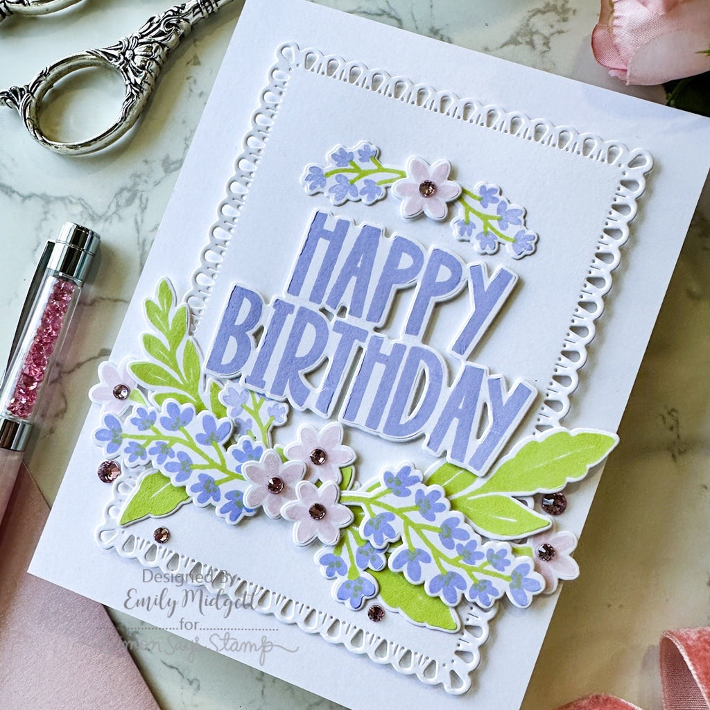 Simon Says Stamps and Dies Forest Forage in Summer set1300ff Every Happiness Emily Midgett Floral Birthday Swag Card