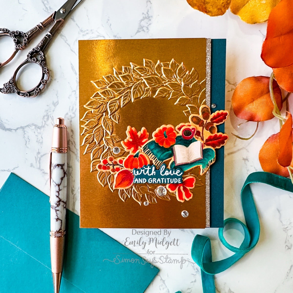 Simon Says Stamps and Dies Homespun Gratitude set1380hg Emily Midgett Copper and Teal Fall Wreath Gratitude Card | color-code:ALT03