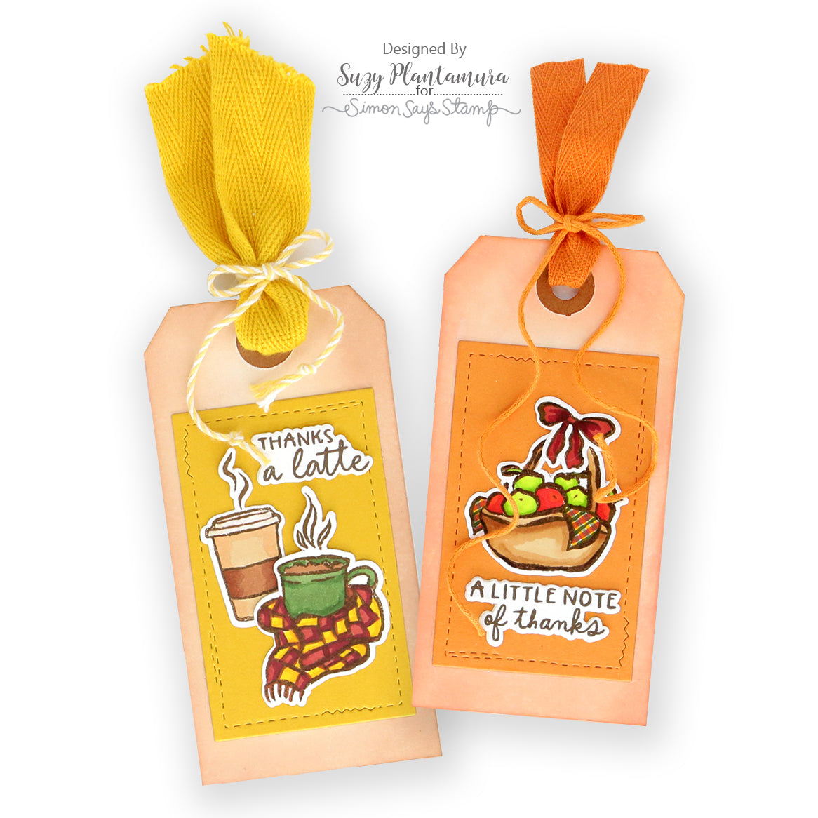 Simon Says Stamps and Dies Homespun Gratitude set1380hg Gold and Orange Thanks Tags with Fall Icons Suzy Plantamura