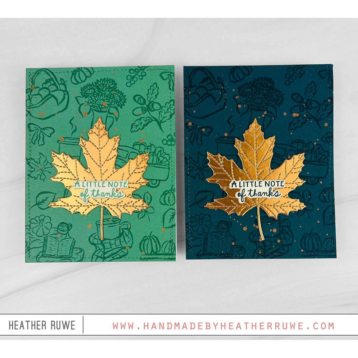 Simon Says Stamps and Dies Homespun Gratitude set1380hg Heather Ruwe Green and Teal Maple Leaf Thanks Cards | color-code:ALT07
