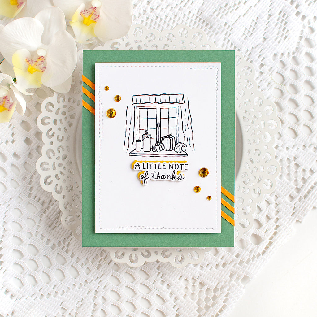 Simon Says Stamps and Dies Homespun Gratitude set1380hg Thanks Card Green and Yellow Autumn Windowsill Heather Hoffman