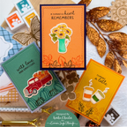 Simon Says Stamps and Dies Homespun Gratitude set1380hg Thanks Card set Green with Pickup Orange with flowers Yellow with coffees Keisha Charles