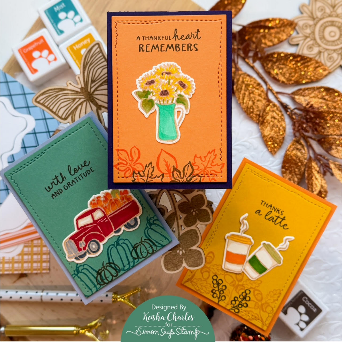 Simon Says Stamps and Dies Homespun Gratitude set1380hg Thanks Card set Green with Pickup Orange with flowers Yellow with coffees Keisha Charles