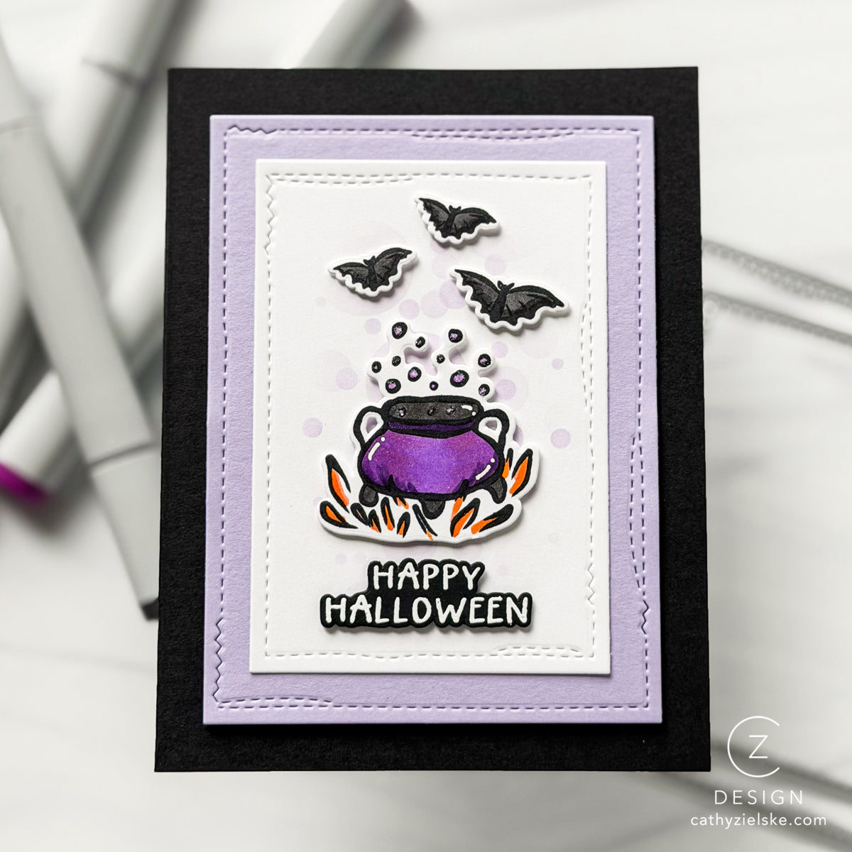Simon Says Stamps and Dies Homespun Halloween set1381hh Cathy Zielske Purple black cauldron Card