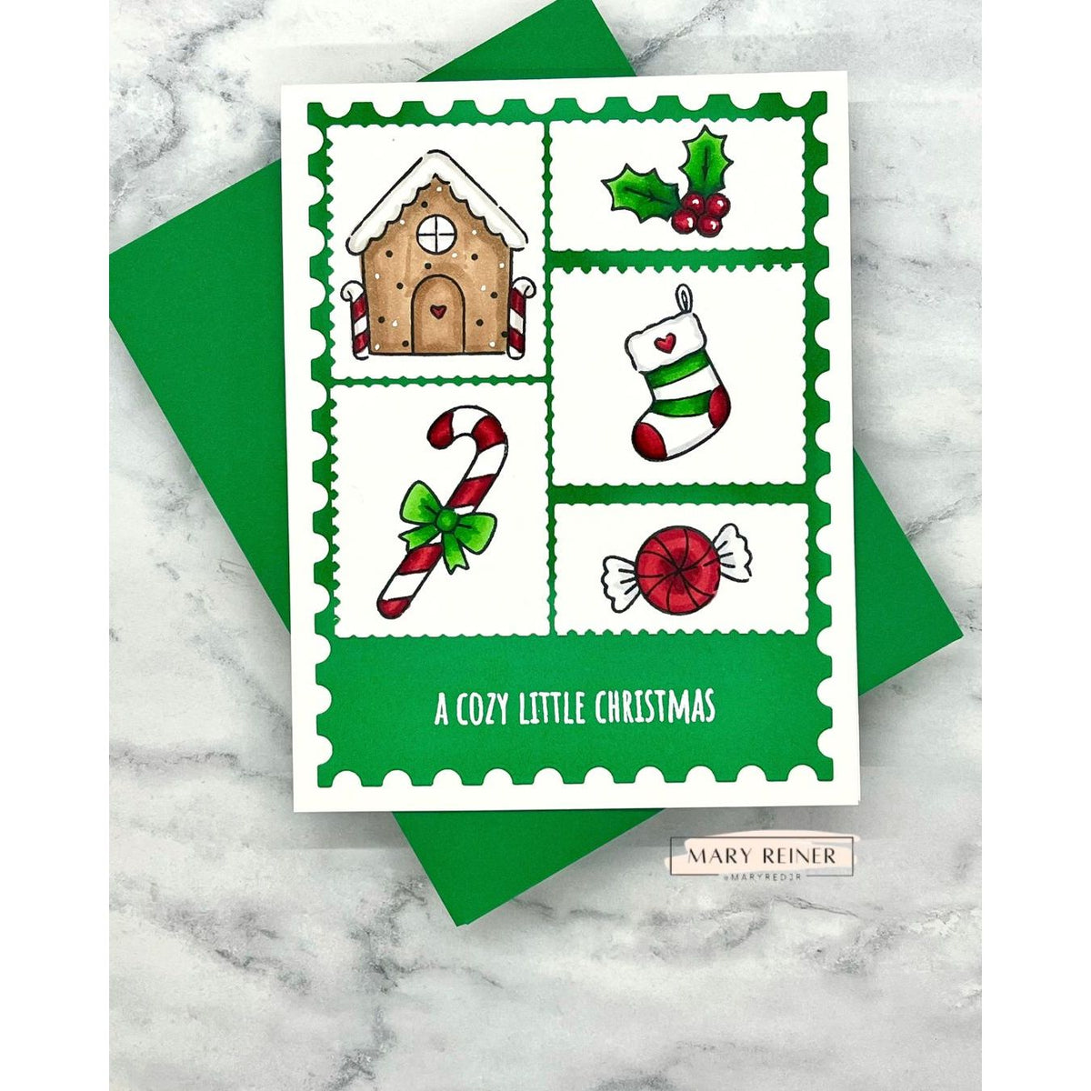 Simon Says Stamps and Dies Iconic Christmas set1388ic Sending Cheer Mary Reiner Cute and Whimsical Holiday Postage Stamp Card
