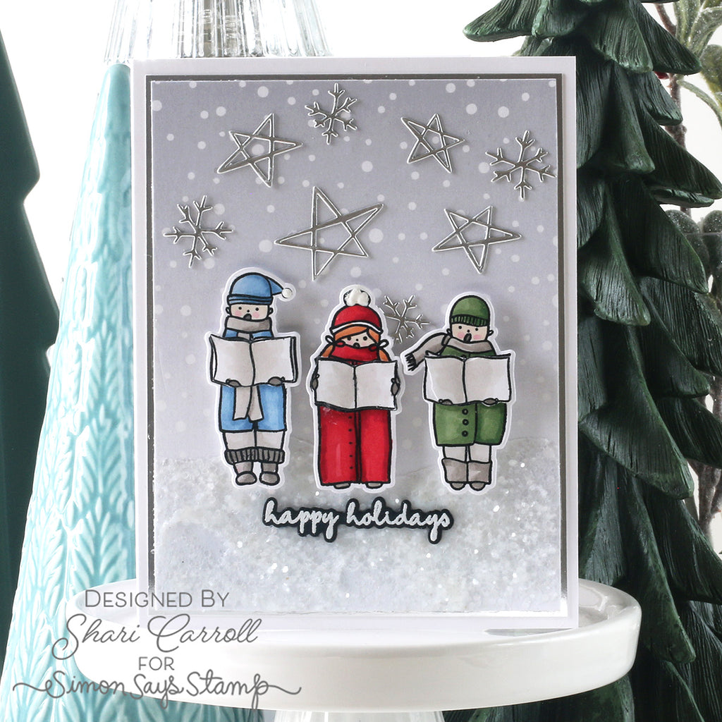 Simon Says Stamps and Dies Jolly Season and Accessories set1415js Shari Carroll Trio of Carolers Holiday Shaker Card