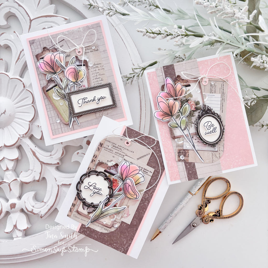 Simon Says Stamps and Dies Long Stem Florals set1217ls Shabby Collage Card Set Tina Smith | color-code:ALT05