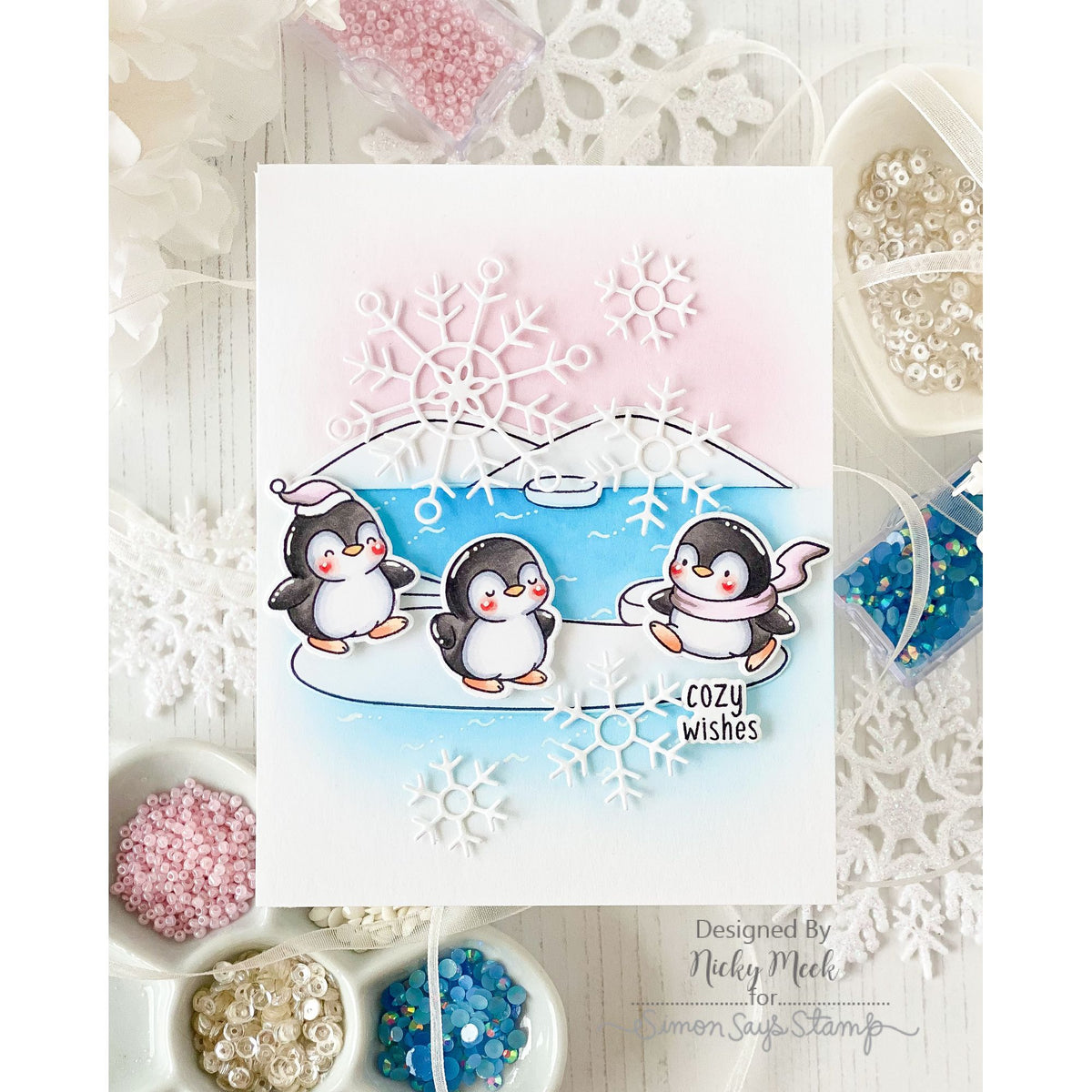 Simon Says Stamps and Dies Penguin Mischief set1395pm Sending Cheer Nicky Meek Cute Arctic Iceberg WInter Card