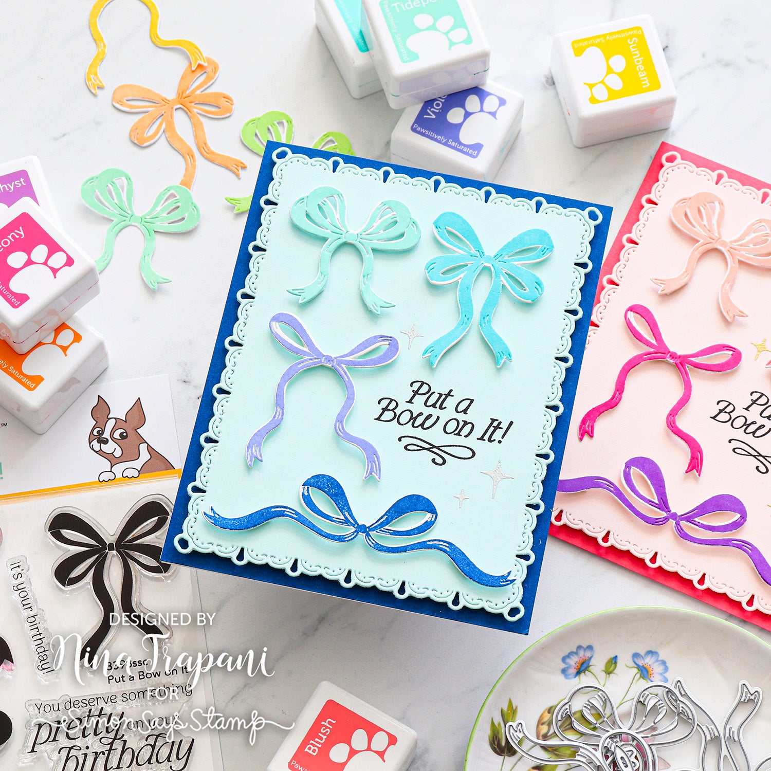 Simon Says Stamps and Dies Put a Bow on It set1219pb Blue and Purple Bows Birthday Card with 'Put a Bow On It' Sentiment