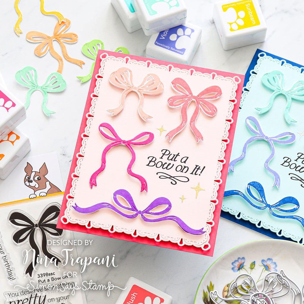 Simon Says Stamps and Dies Put a Bow on It set1219pb Pink and Purple Bows Birthday Card with 'Put a Bow On It' Sentiment