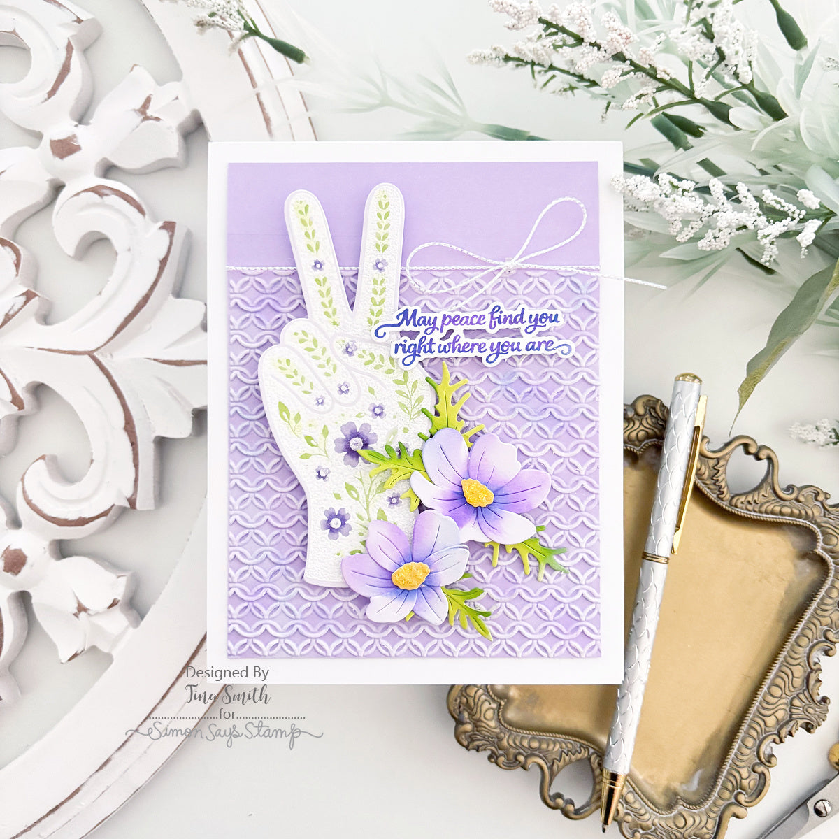 Simon Says Stamps and Dies Still Here set1393sh Sending Cheer Tina Smith Lavender Peace Sign with Hand Encouragement Card