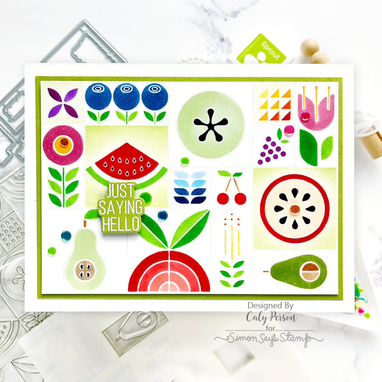 Simon Says Stamps and Dies Summer Fruit Tiles set796sf Sunny Vibes Hello Card | color-code:ALT02 Caly Person Folk Art Vibes