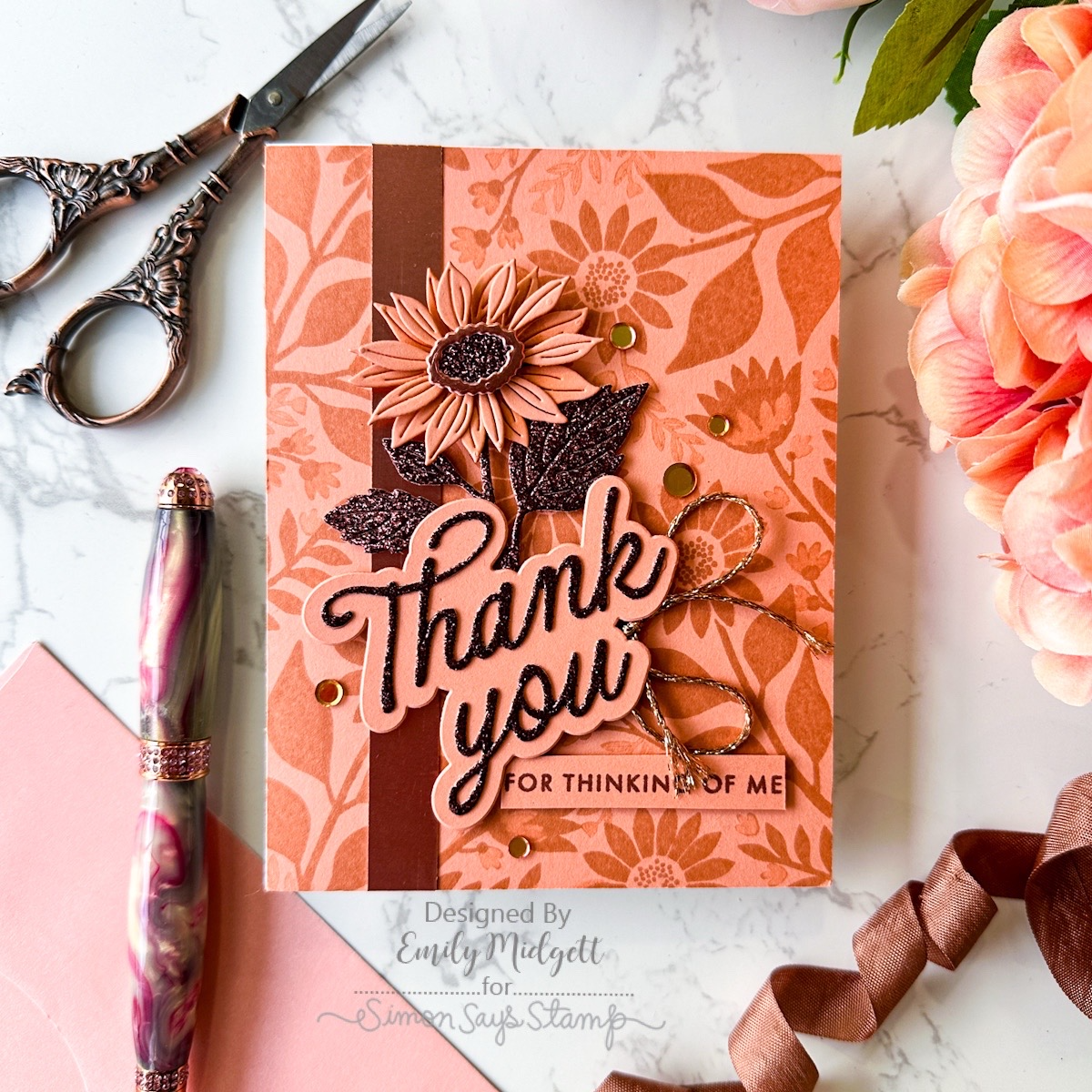 Simon Says Stamps and Dies Sunflower Meadow set1299sm Every Happiness Emily Midgett Orange Floral Thank You Card | color-code:ALT05