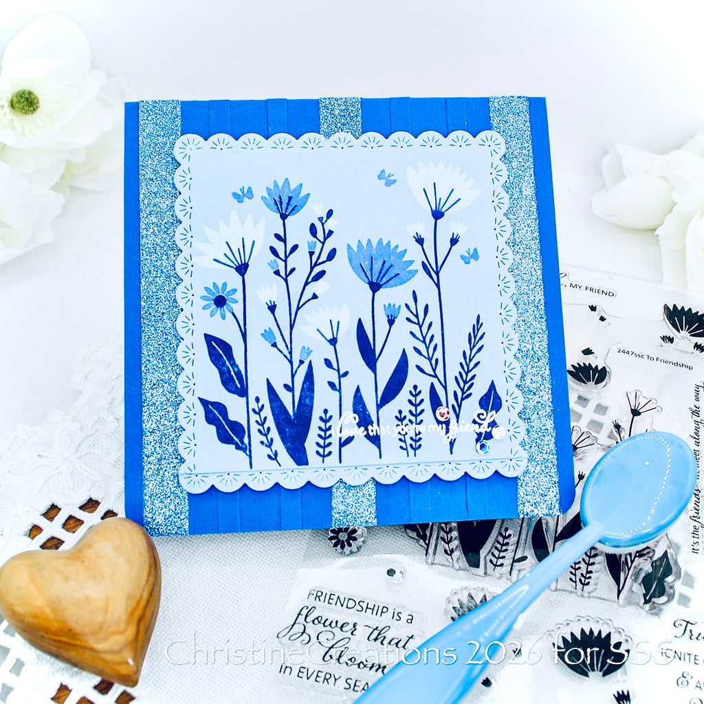 Simon Says Stamps and Dies To Friendship set1340tf Stamptember Christine Okken Blue Wildflower Friend Card