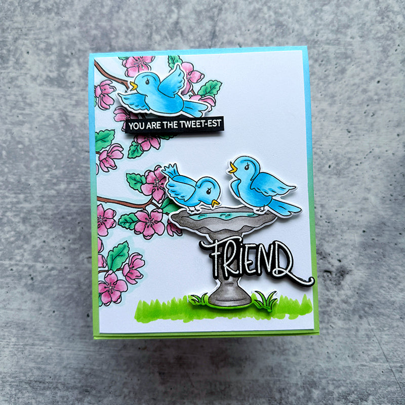 Simon Says Stamps and Dies Tweet Friend set927tf Friend Card Bird Bath Jenn Shurkus