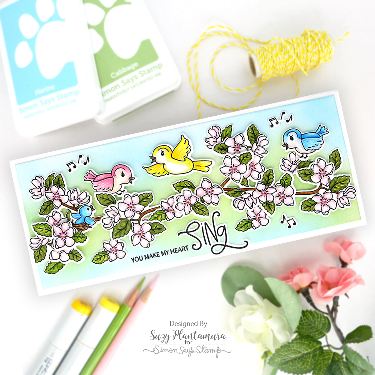 Simon Says Stamps and Dies Tweet Friend set927tf Springtime Card | color-code:ALT10 Pastel Birds on Apple Blossoms Suzy Plantamura