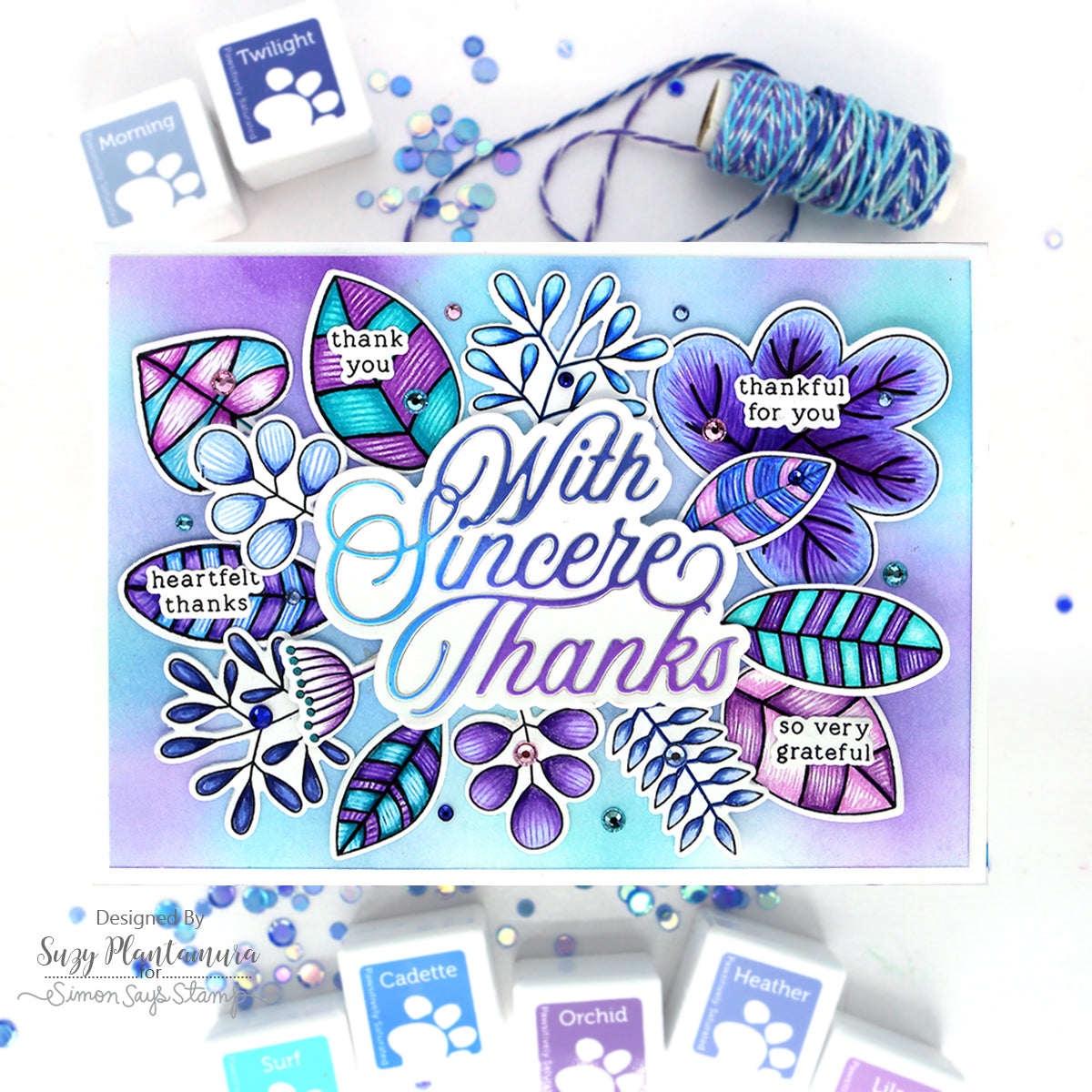 Simon Says Stamps and Dies Two Step Simple Leaves set868ts Thanks Card | color-code:ALT05 Purple and Aqua Suzy Plantamura