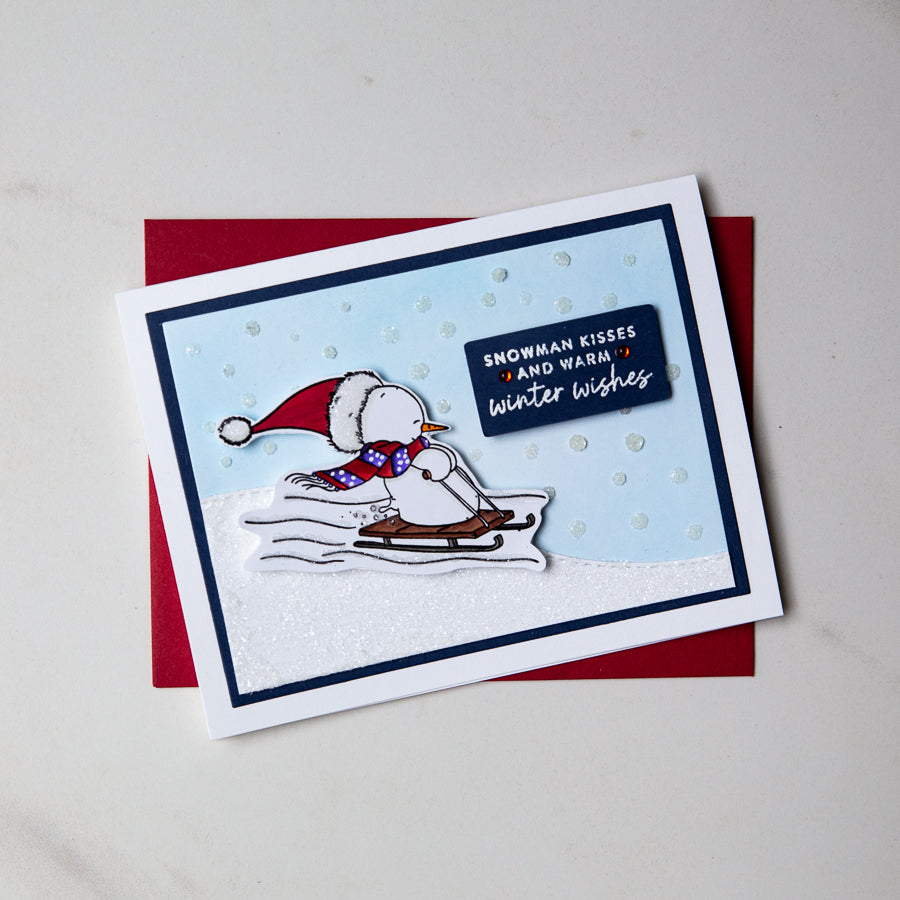 Simon Says Stamps and Dies Wrapped In Scarves set1087ws And Everything Nice Christmas Card Melanie Barrett Sled Scene