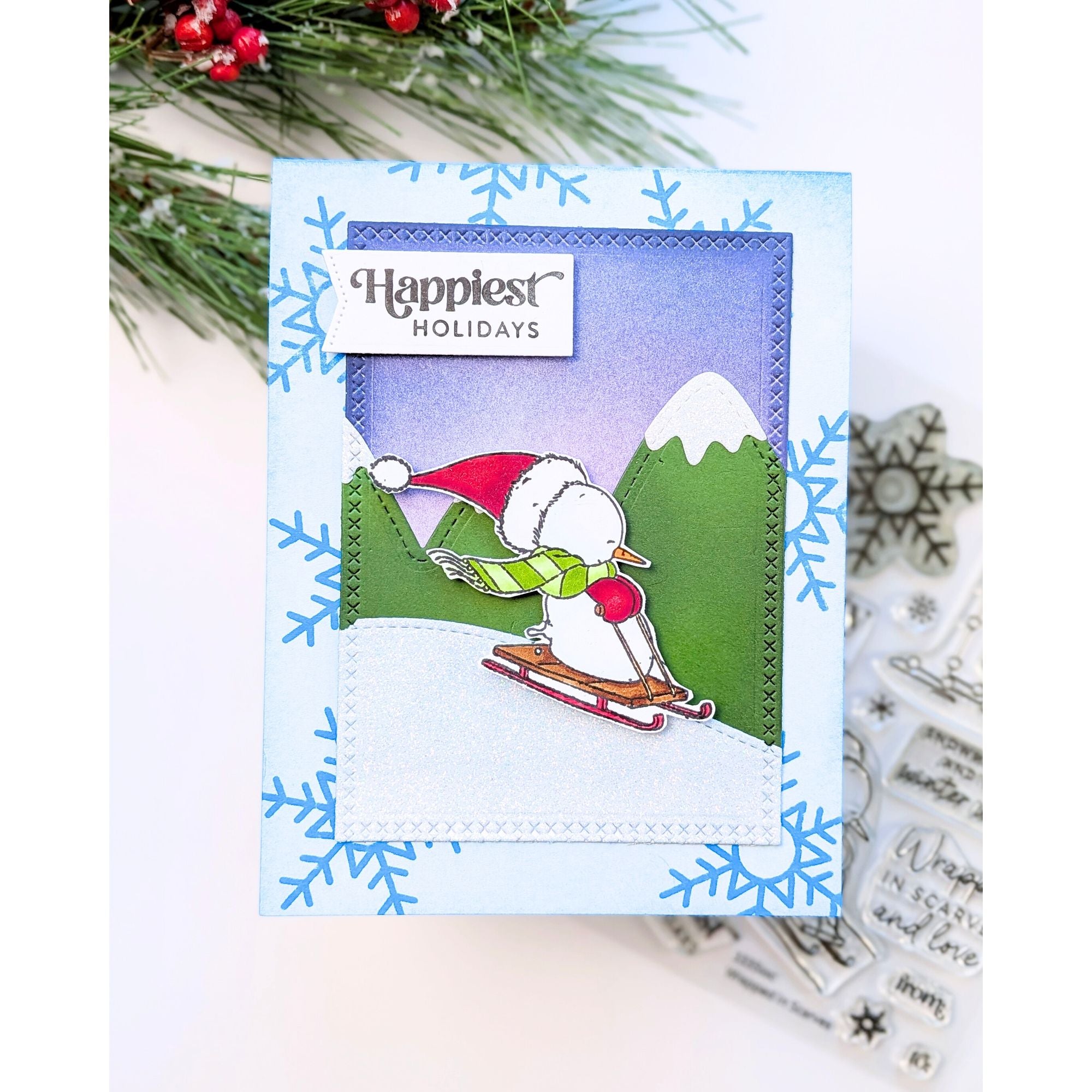 Simon Says Stamps and Dies Wrapped In Scarves set1087ws And Everything Nice Christmas Card Rachel Kleinmann Sledding Hill