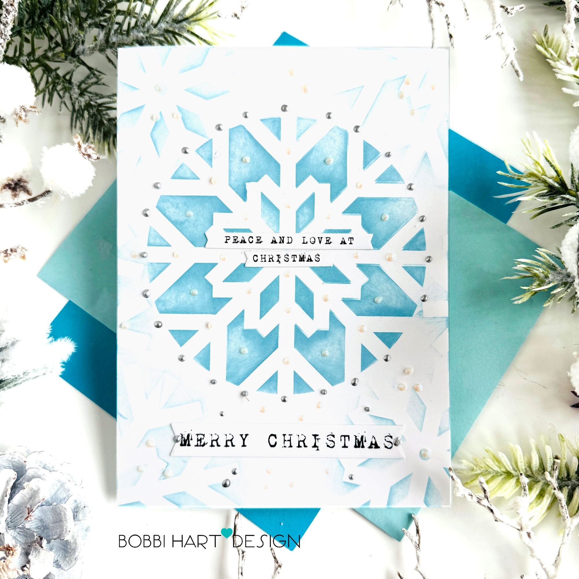 Simon Says Stencil and Die Large Snowflake set1082ls Sugar and Spice Holiday Card Bobbi Hart Aqua with Silver Balls