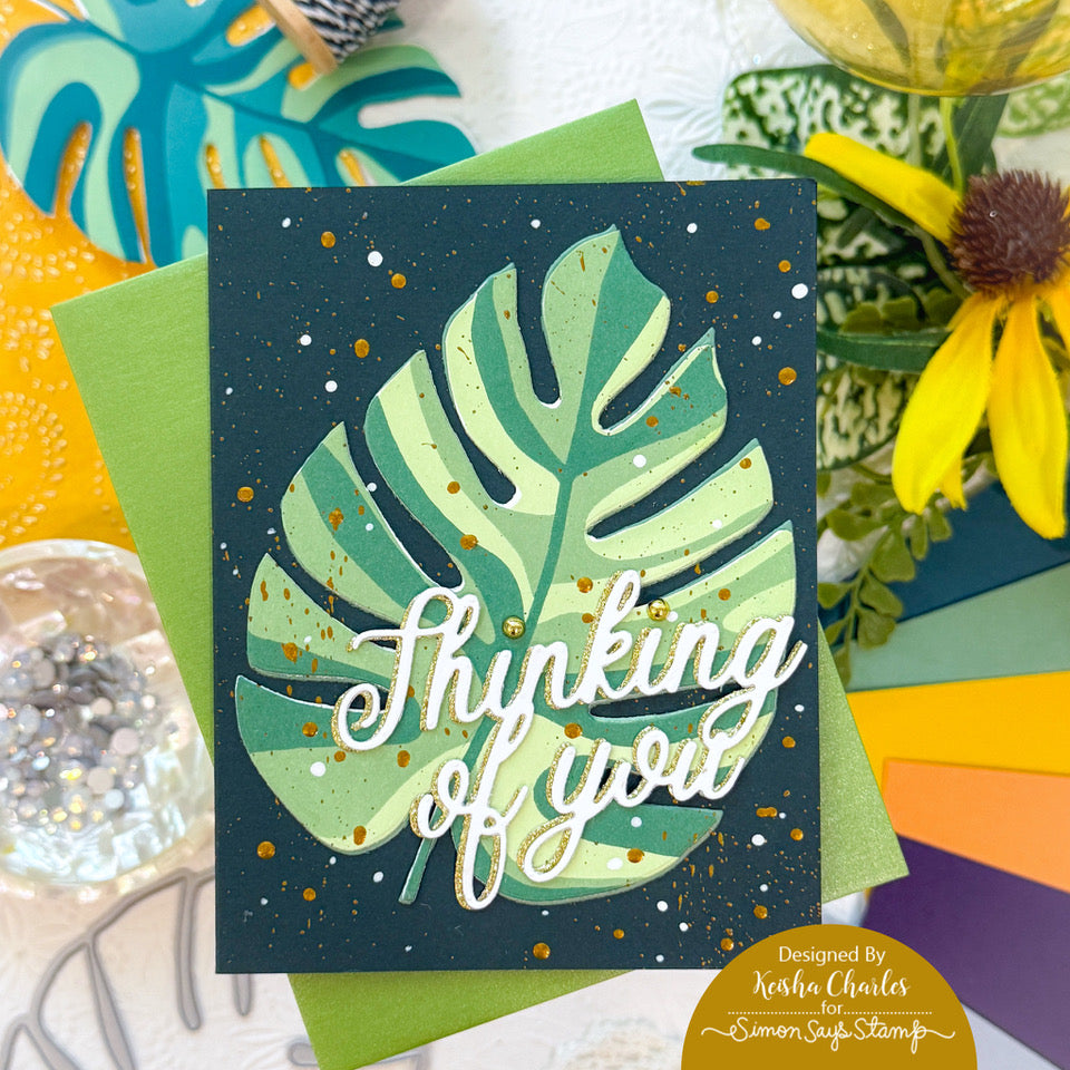 Simon Says Stencil and Die Monstera set890ms DieCember Thinking of You Card Keisha Charles  Speckled