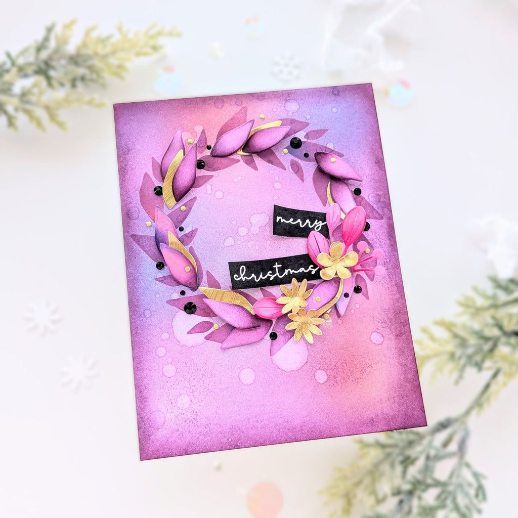 Simon Says Stencils and Die Leafy Wreath set1396lw Sending Cheer Anne Fiene Orchid Christmas Card