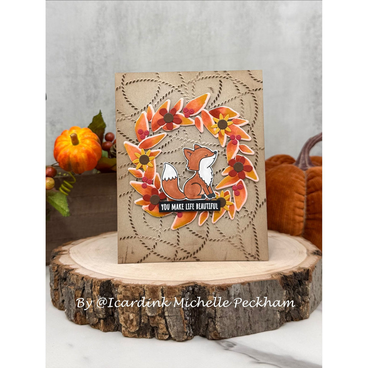Simon Says Stencils and Die Leafy Wreath set1396lw Sending Cheer Michelle Peckham Fox Card