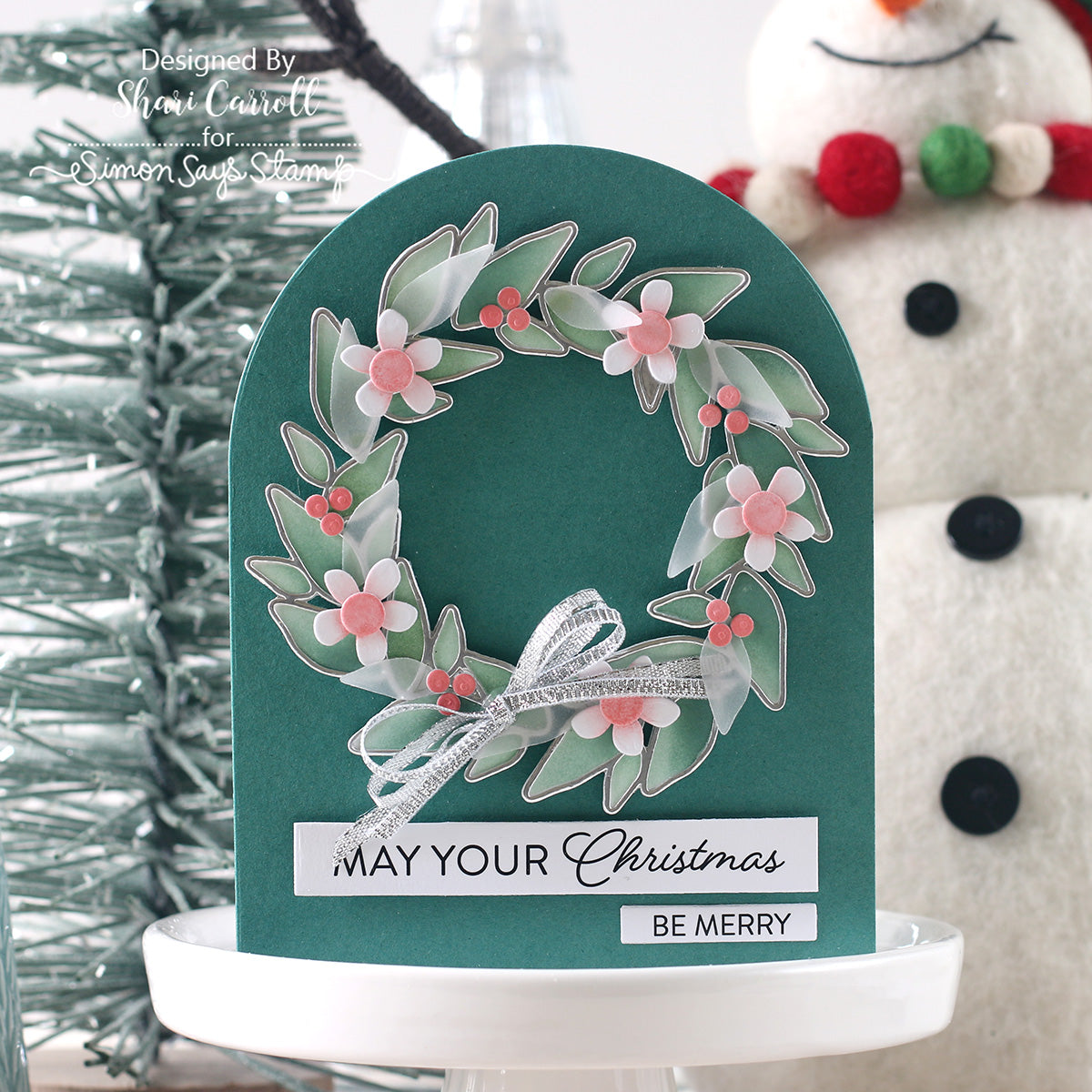 Simon Says Stencils and Die Leafy Wreath set1396lw Sending Cheer Shari Carroll Merry Card
