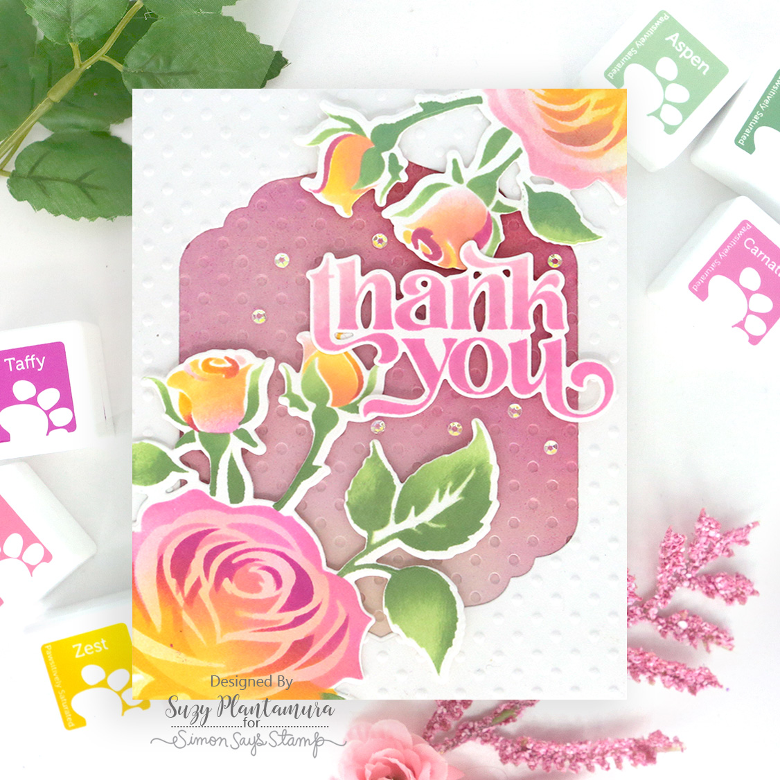 Simon Says Stencils and Dies Elegant Rose set1055er STAMPtember Thank You Card | color-code:ALT02 Suzy Plantamura Dotted
