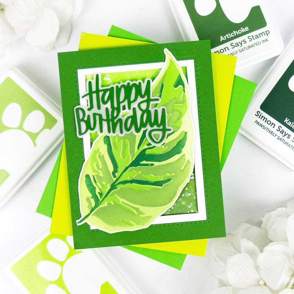 Simon Says Stencils and Dies White Fusion set953wf Rain or Shine Birthday Card Rachel Alvarado Neon Green