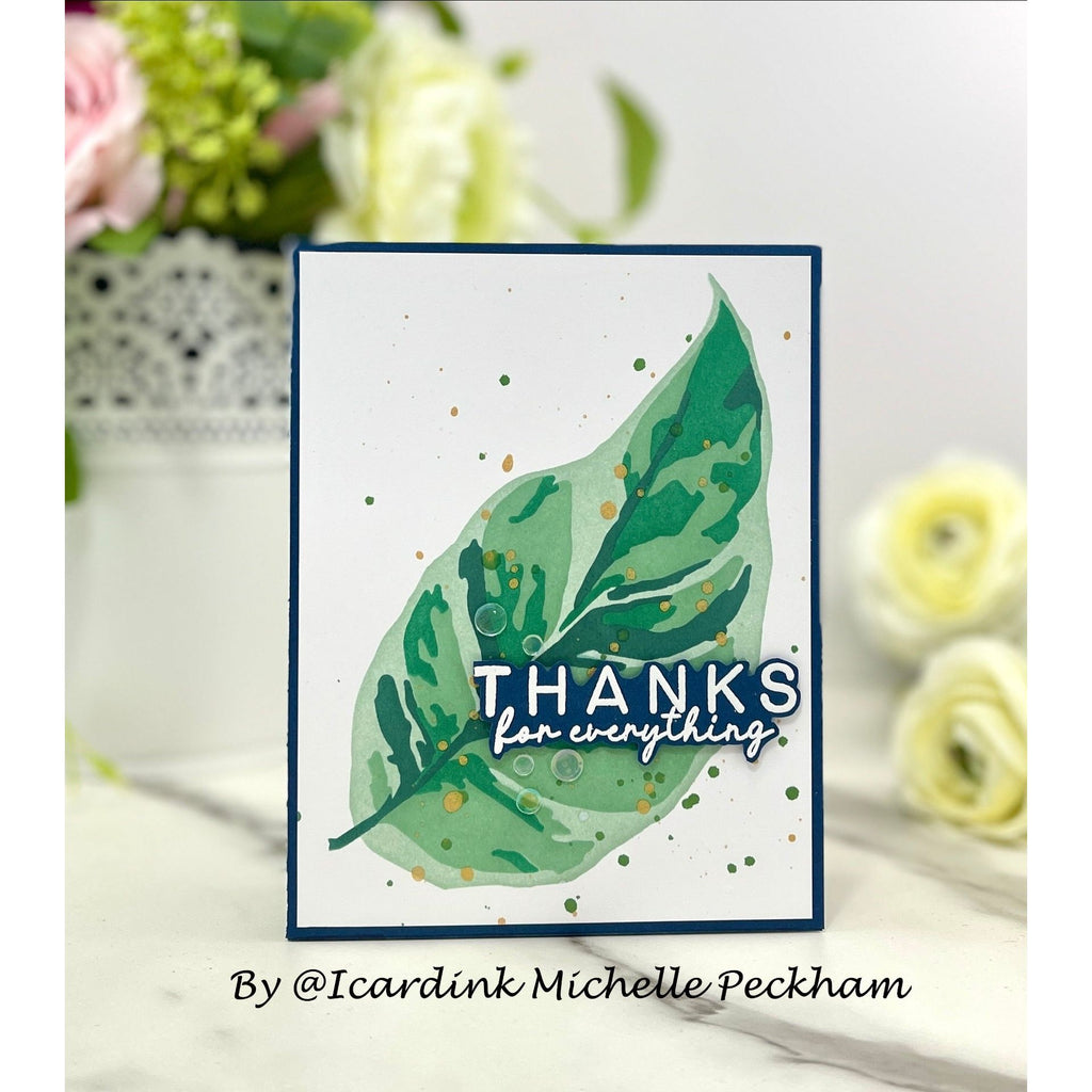 Simon Says Stencils and Dies White Fusion set953wf Rain or Shine Thanks Card Michelle Peckham Single Green Leaf