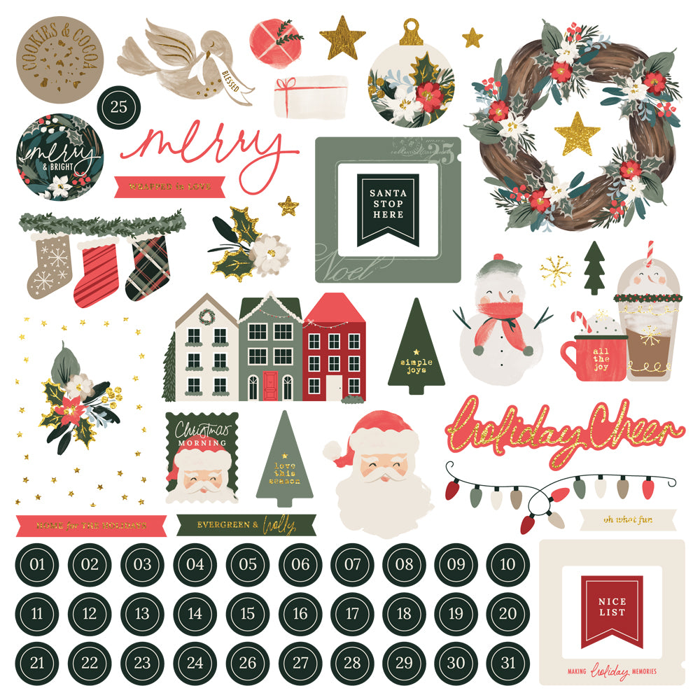 Simple Stories Mistletoe and Holly Chipboard Pieces 27718 Christmas Sentiments And Numbers