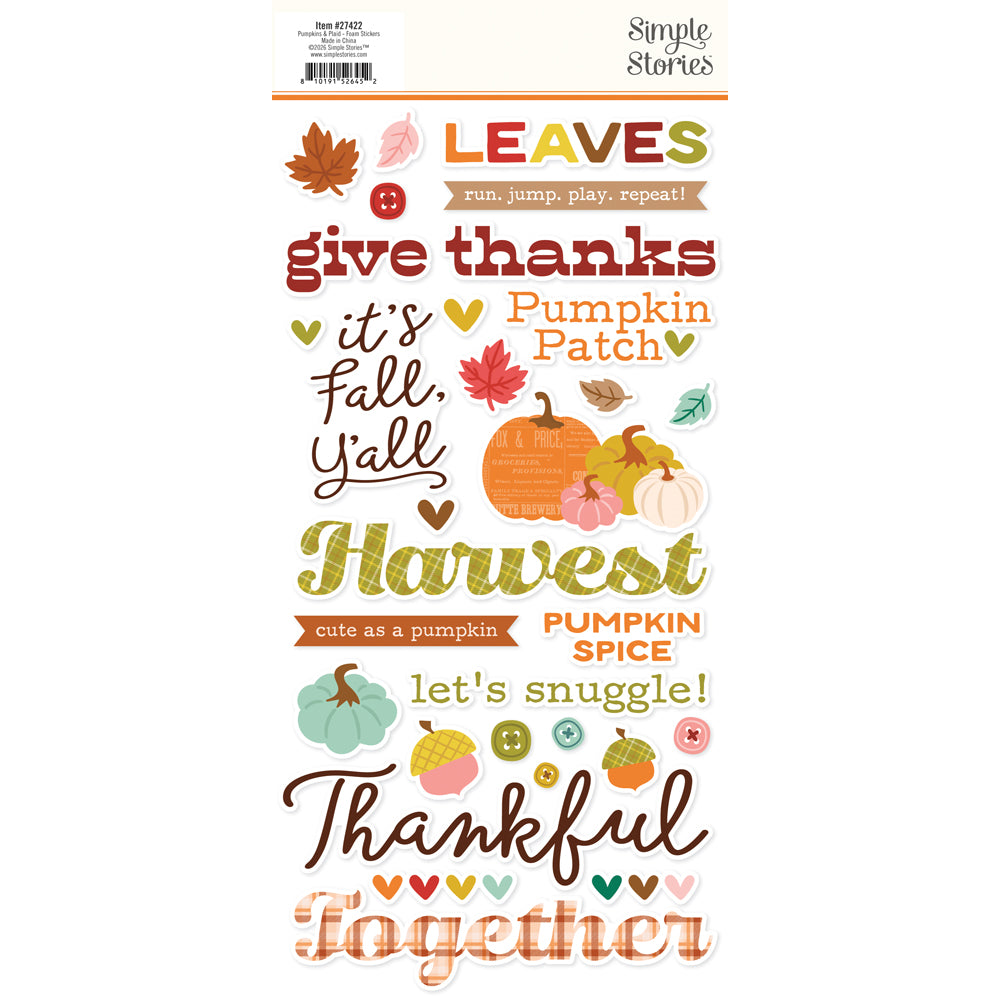 Simple Stories Pumpkins And Plaid Foam Stickers 27422 Harvest Sentiments