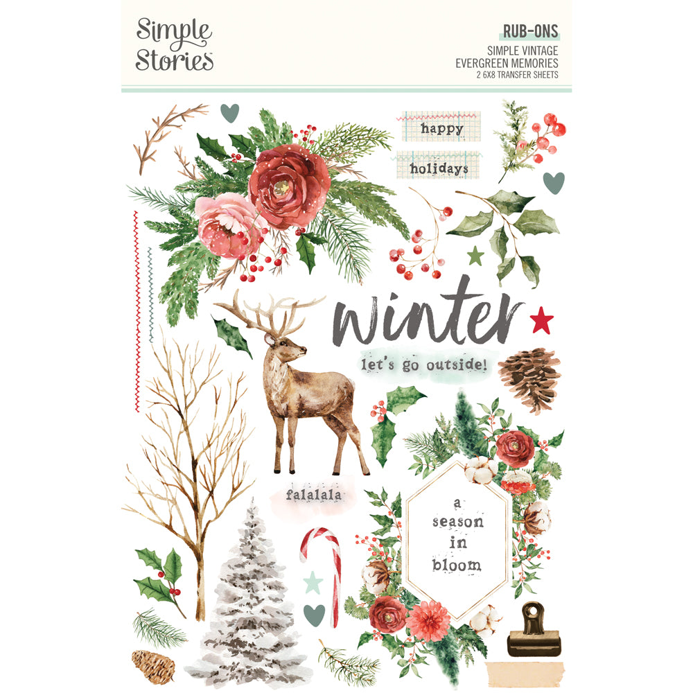 Simple Stories Vintage Evergreen Memories Rub Ons 27829 Christmas Sentiments