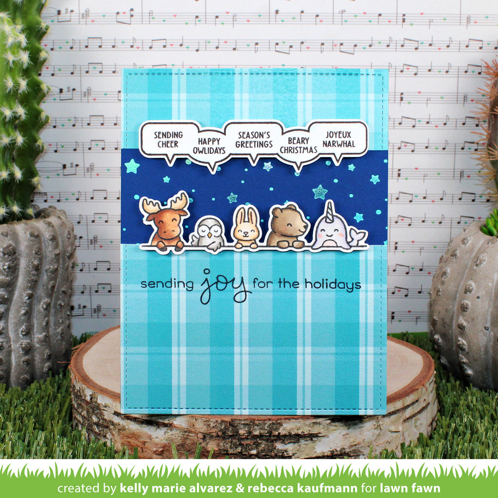 Lawn Fawn Set Simply Celebrate Winter Critters Clear Stamps and Dies sending joy