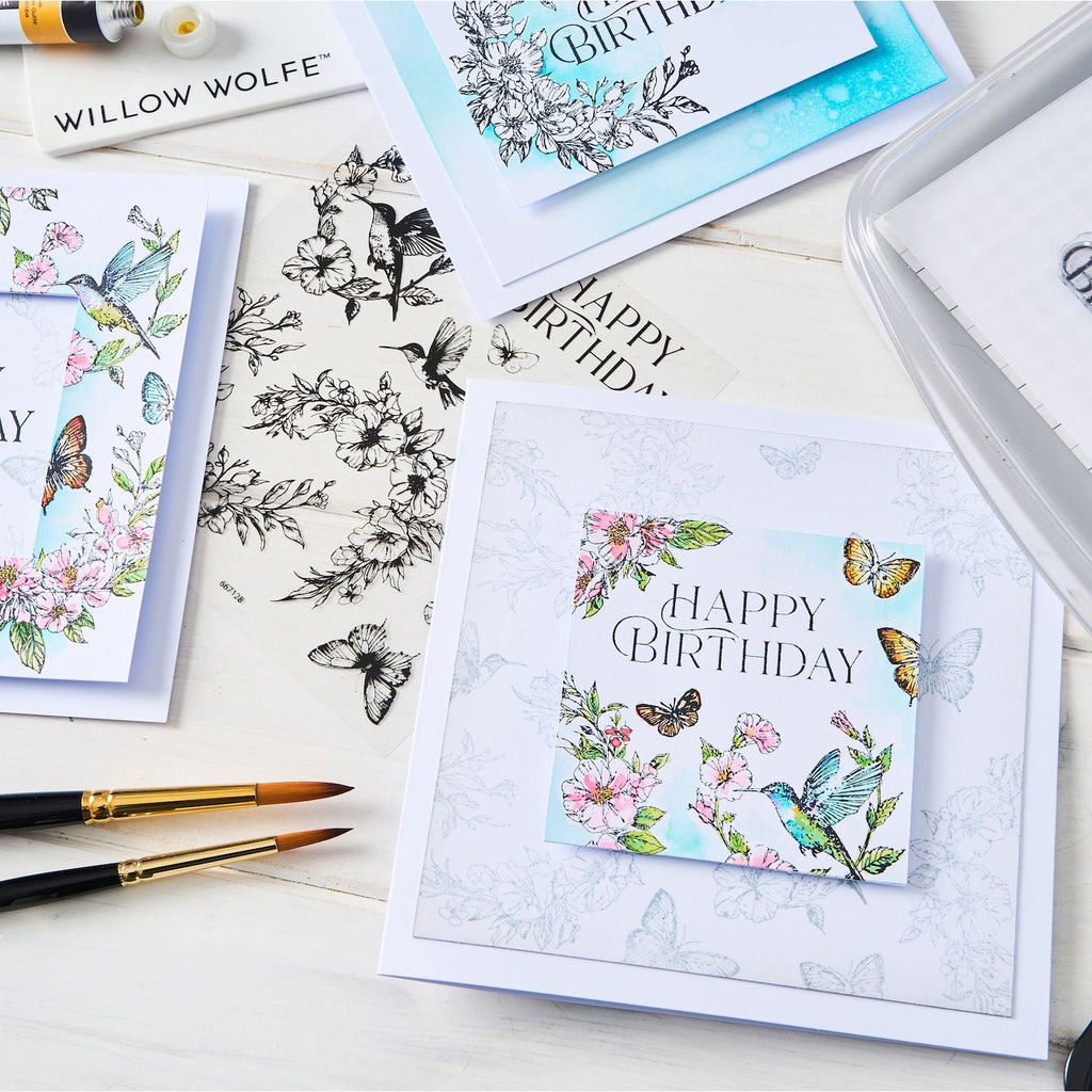 Sizzix 25th Birthday Collection Die, Folder, Stamp and Stencil bundle Willow Wolfe Birthday Blooms Clear Stamps Set 667128
