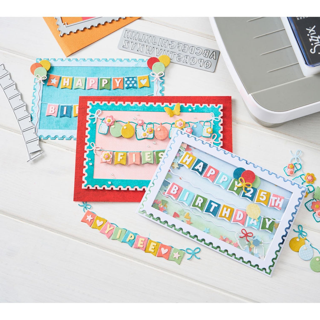 Sizzix 49 and Market Snap and Swap All about Banners Thinlits Dies 667055 happy 25th birthday cards