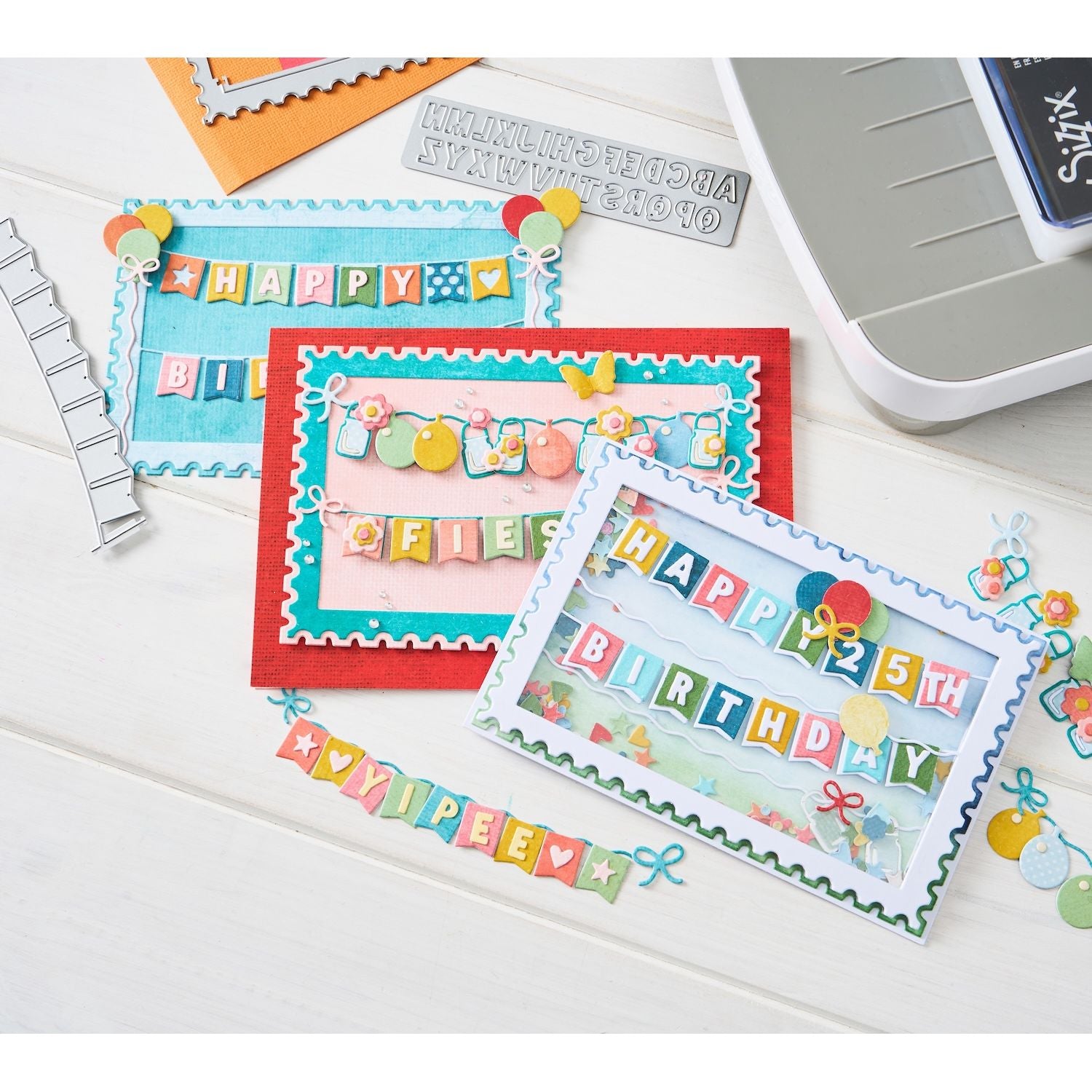 Sizzix 49 and Market Snap and Swap All about Banners Thinlits Dies 667055 happy 25th birthday cards