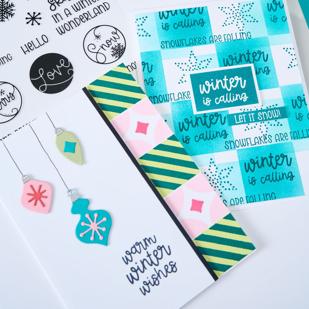Sizzix Around the Holidays Clear Stamps and Framelits Dies 667173 winter wishes ornaments and blue checker