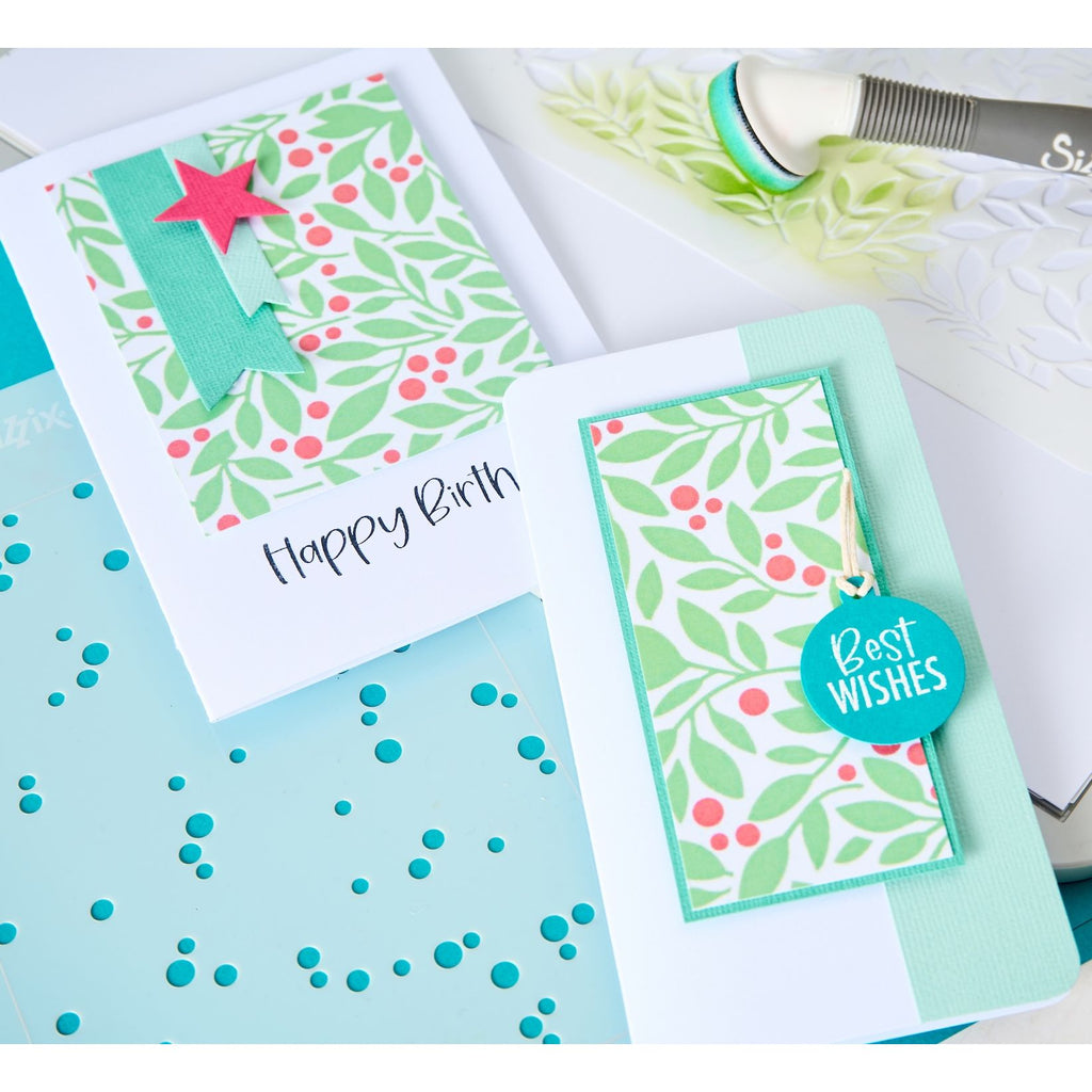 Sizzix Banners, Tags and Labels Framelits Die Set 667147 leaves and berries background birthday cards