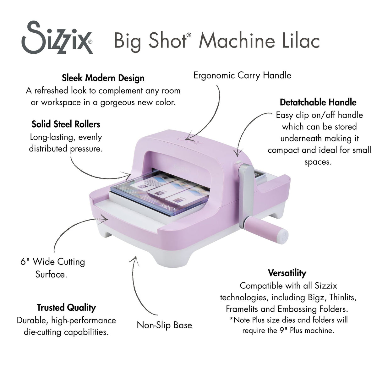 Sizzix Big Shot Die Cutting Machine Lilac Limited Edition 667242 pointing out new design features